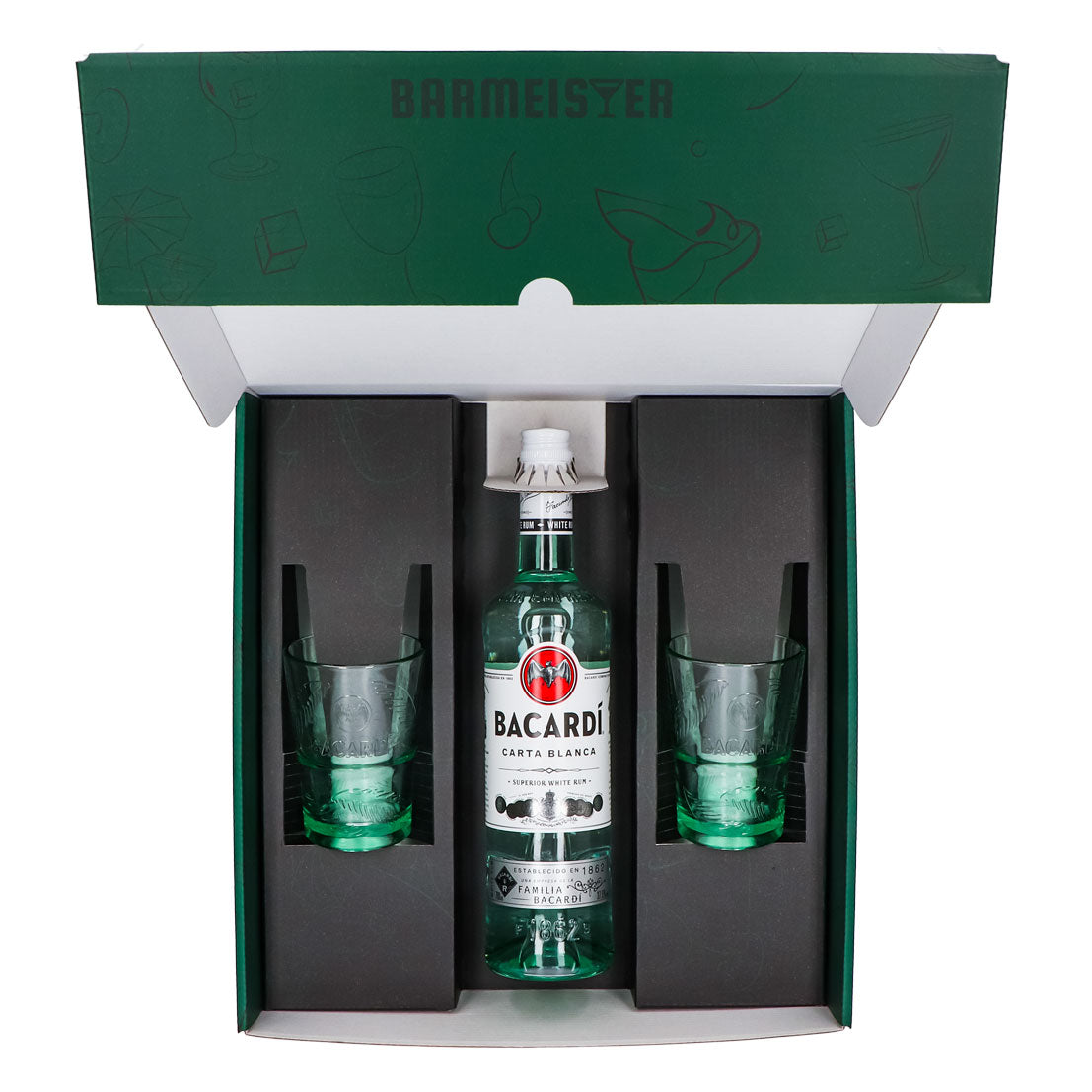 Bacardi Rum Geschenkset 0,7l Flasche 37,5 % Vol. + Longdrink Gläser Palme–grün – Ansicht 5