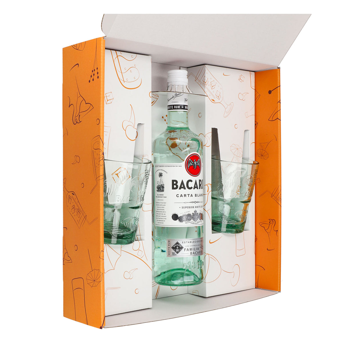 Bacardi Rum Geschenkset 0,7l Flasche 37,5 % Vol. + Longdrink Gläser Palme–orange – Ansicht 2