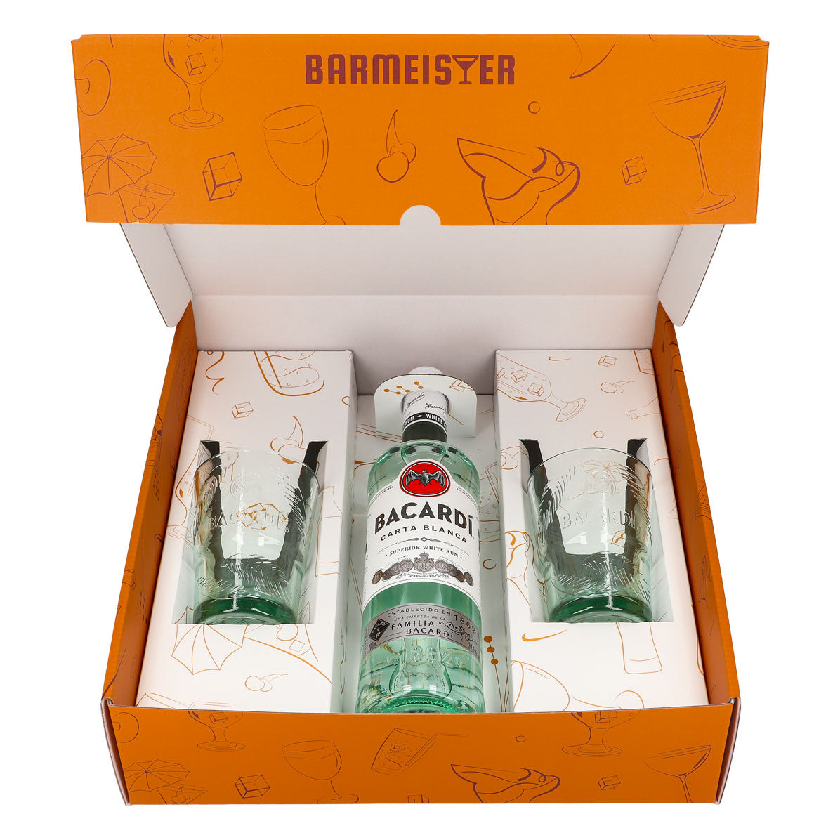 Bacardi Rum Geschenkset 0,7l Flasche 37,5 % Vol. + Longdrink Gläser Palme–orange – Ansicht 3