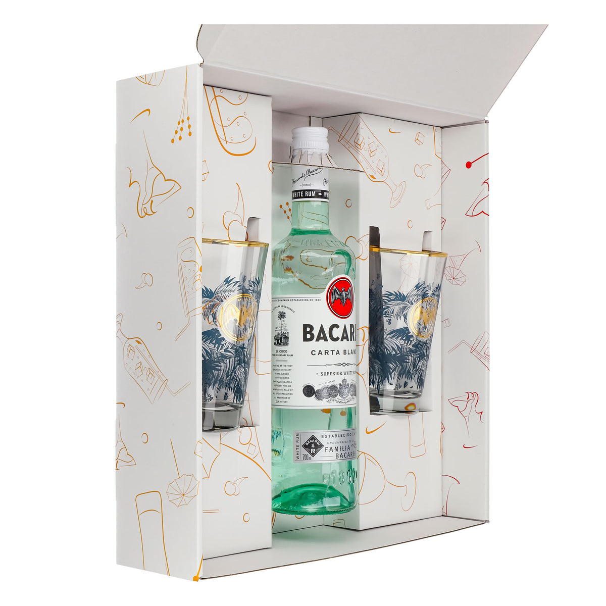 Bacardi Rum Geschenkset 0,7l Flasche 37,5 % Vol. + Longdrink Gläser Goldrand–weiß – Ansicht 4