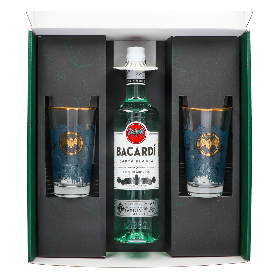 Bacardi Rum Geschenkset 0,7l Flasche 37,5 % Vol. + Longdrink Gläser Goldrand–grün – Ansicht 3