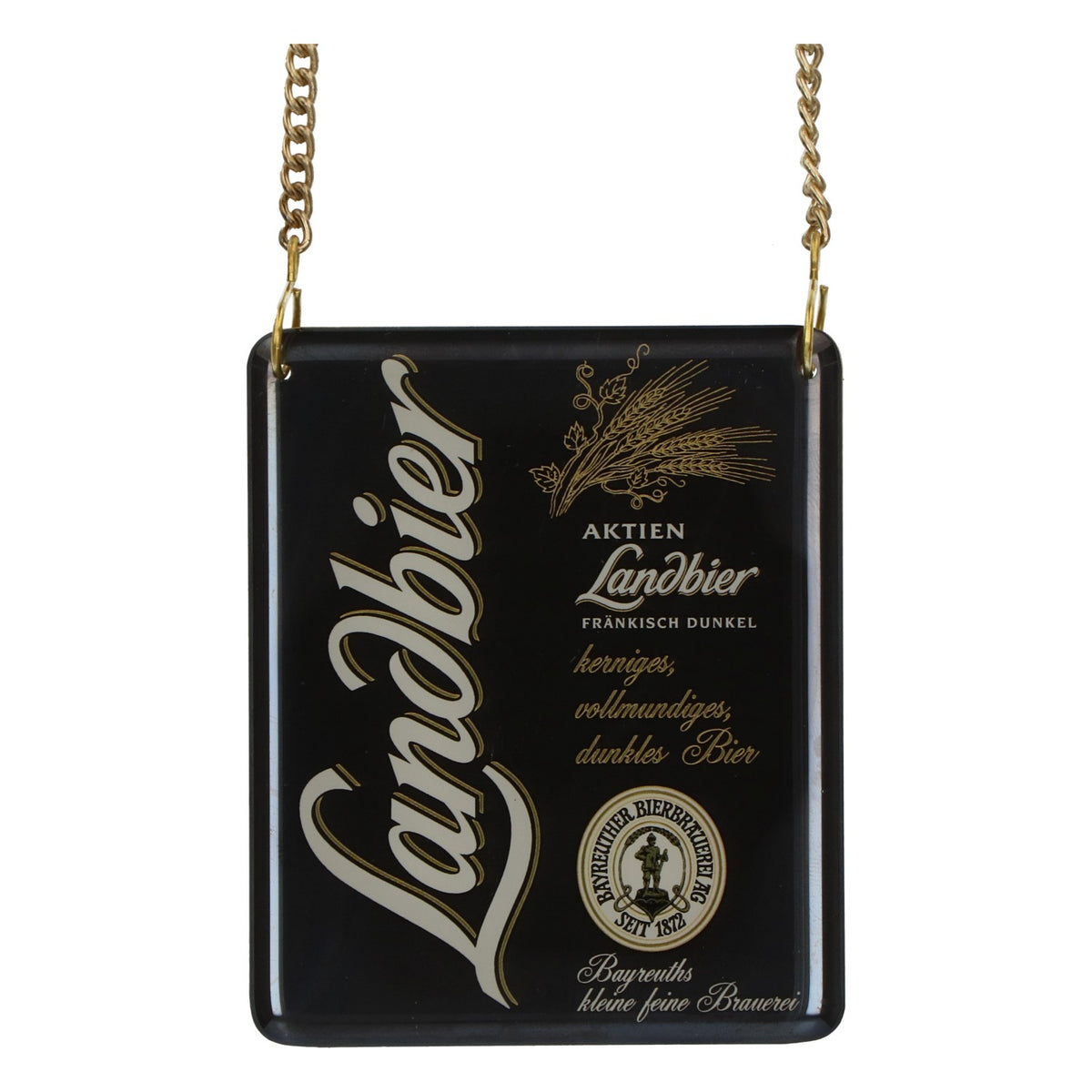 Bayreuther Bierbrauerei Zapfhahnschild Aktien Landbier 3D mit Kette – Ansicht 3