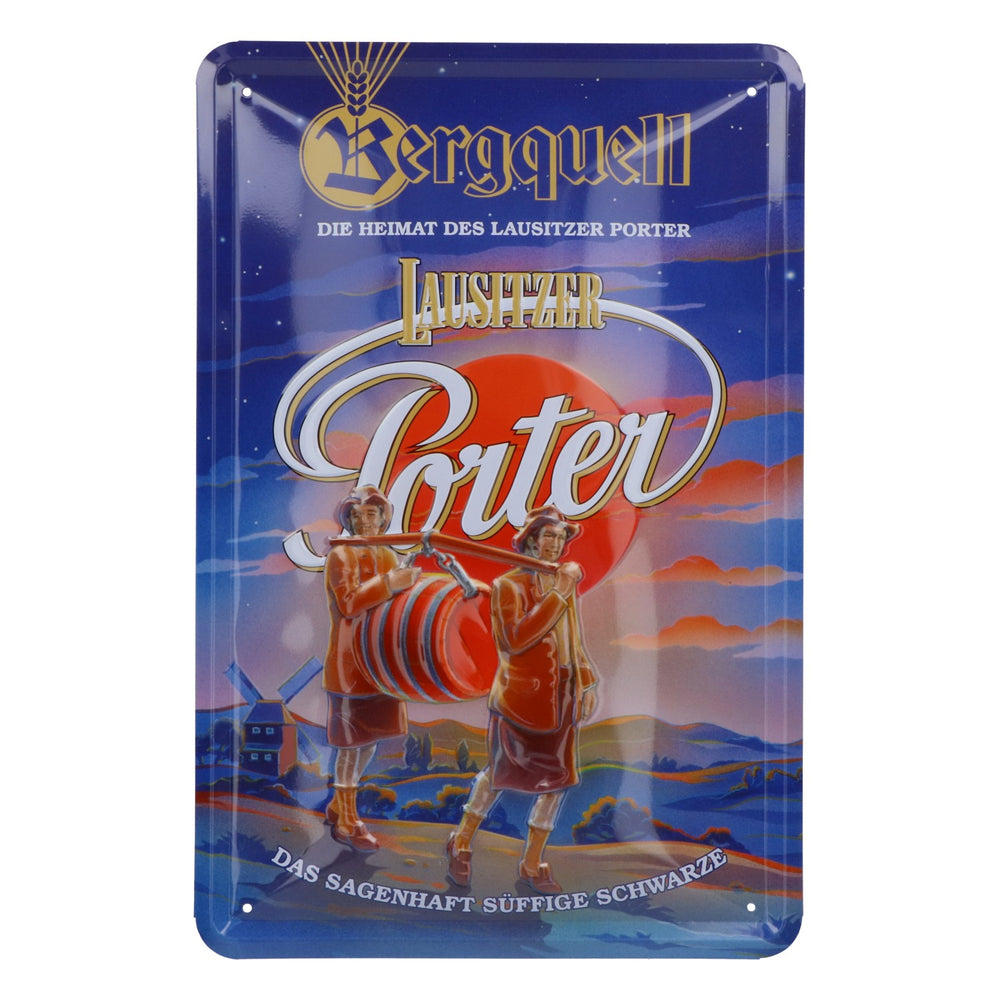 Bergquell Lausitzer Porter Bier Blechschild "Fassträger" Wanddeko