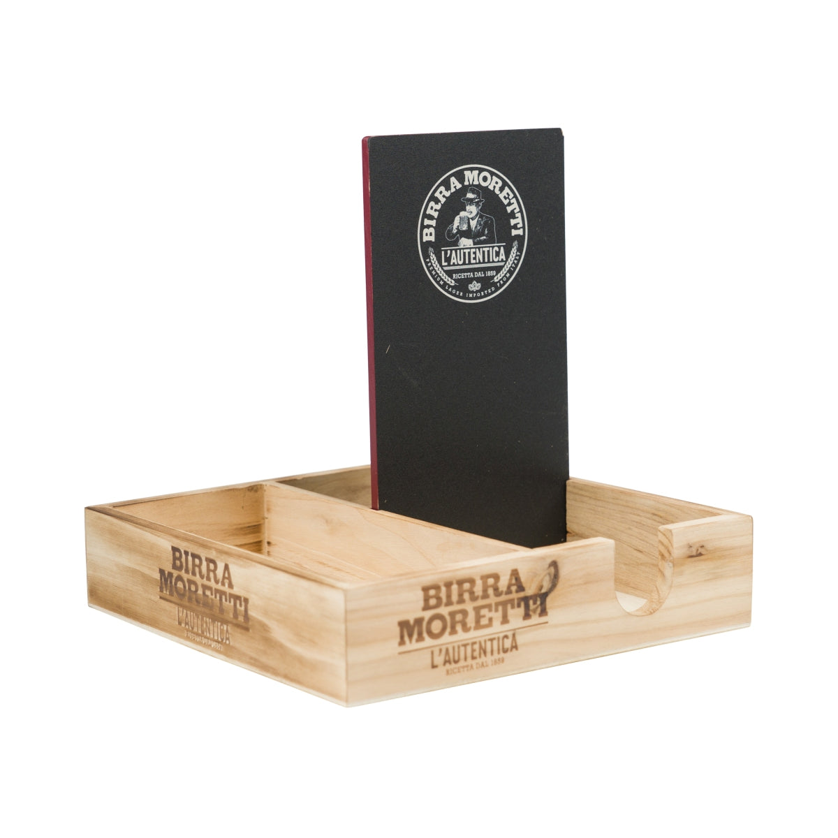 Birra Moretti Bier Tischaufsteller Barcaddy Tablett Menu Gastro Holz Tafel Bar