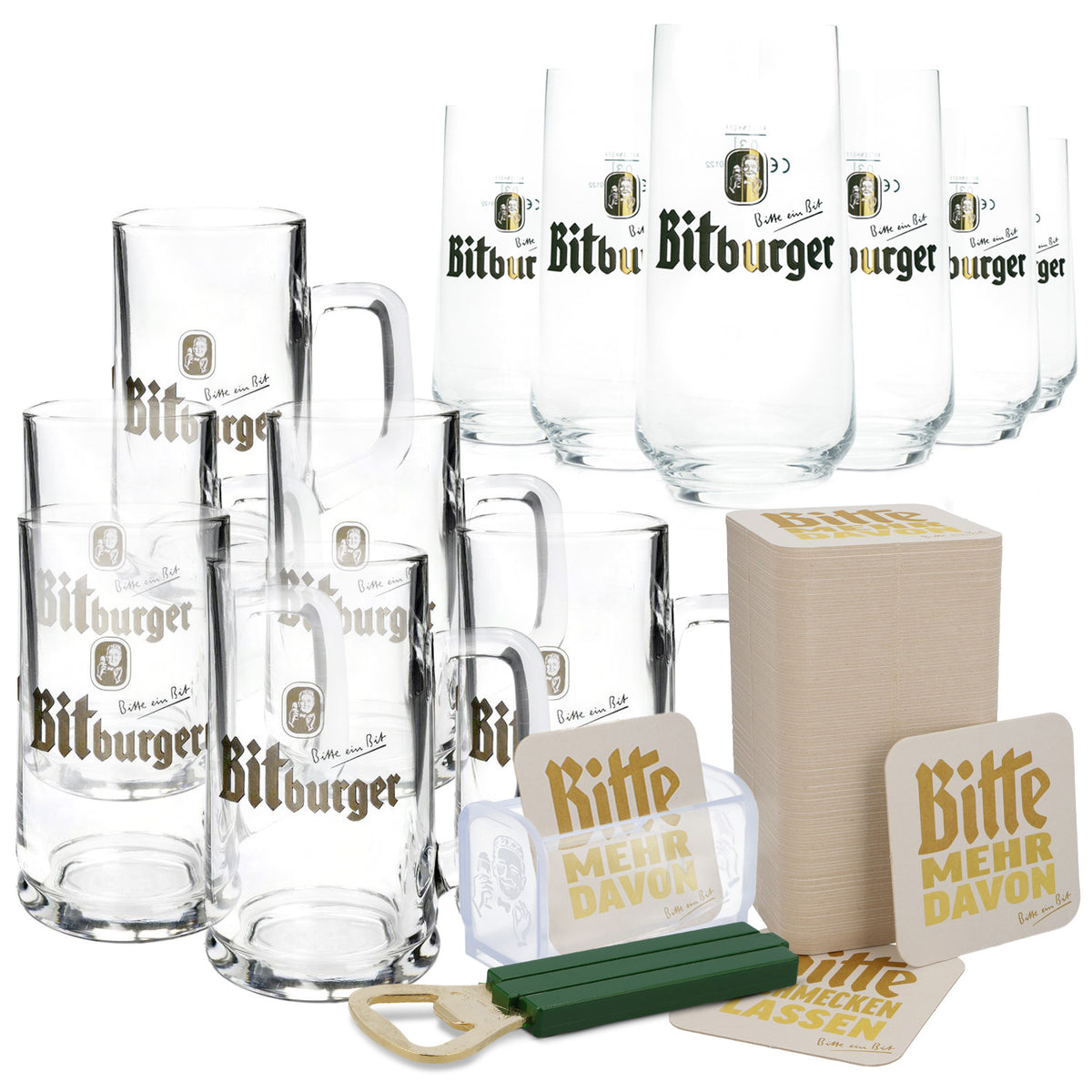 Bitburger Bier Bundle Bar Set III aus 6x Krüge 6x Gläser Öffner Deckelhalter