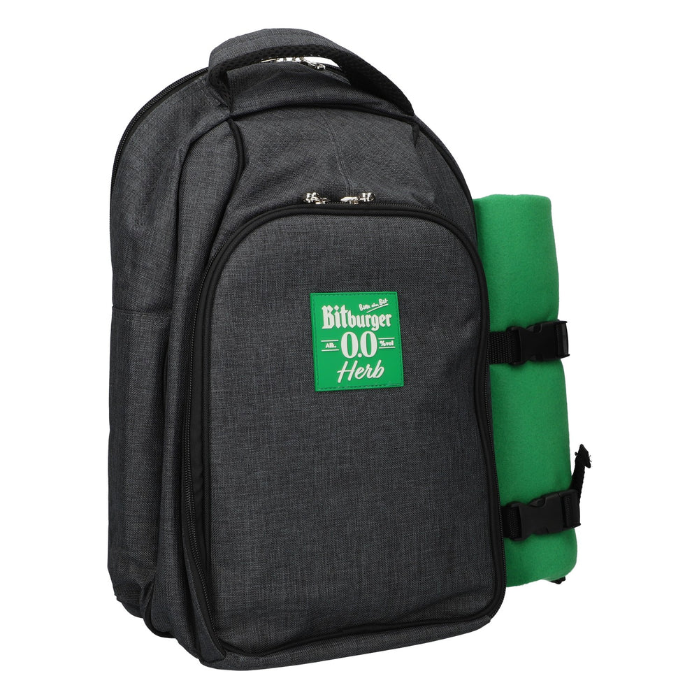 Bitburger Picknick Rucksack BBQ Kühlfach Set mit Decke Teller Besteck grau