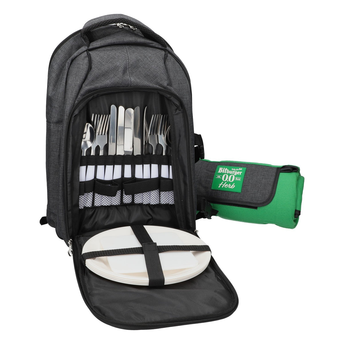 Bitburger Picknick Rucksack BBQ Kühlfach Set mit Decke Teller Besteck grau – Ansicht 4