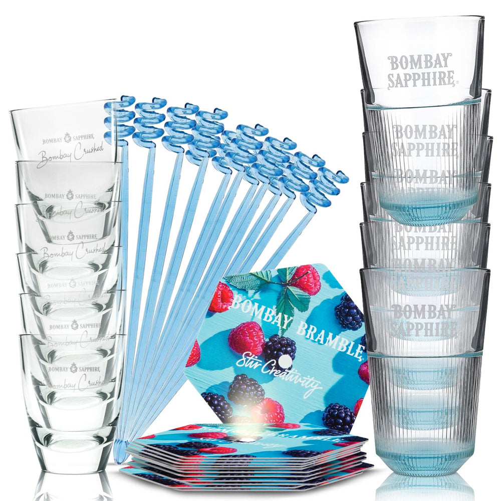 Bombay Sapphire Bar Bundle Set II aus LD Gläser Tumbler Stirrer Untersetzer