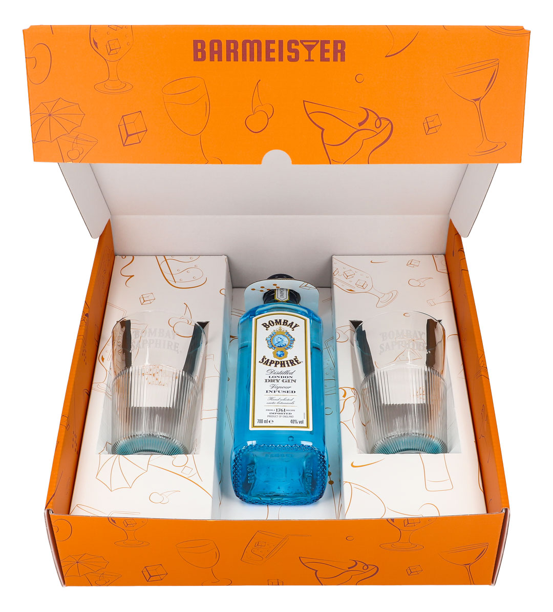Bombay Sapphire Gin Geschenkset 0,7l Flasche 40% Vol. + 2 Longdrinkglas Relief l Orange – Ansicht 2
