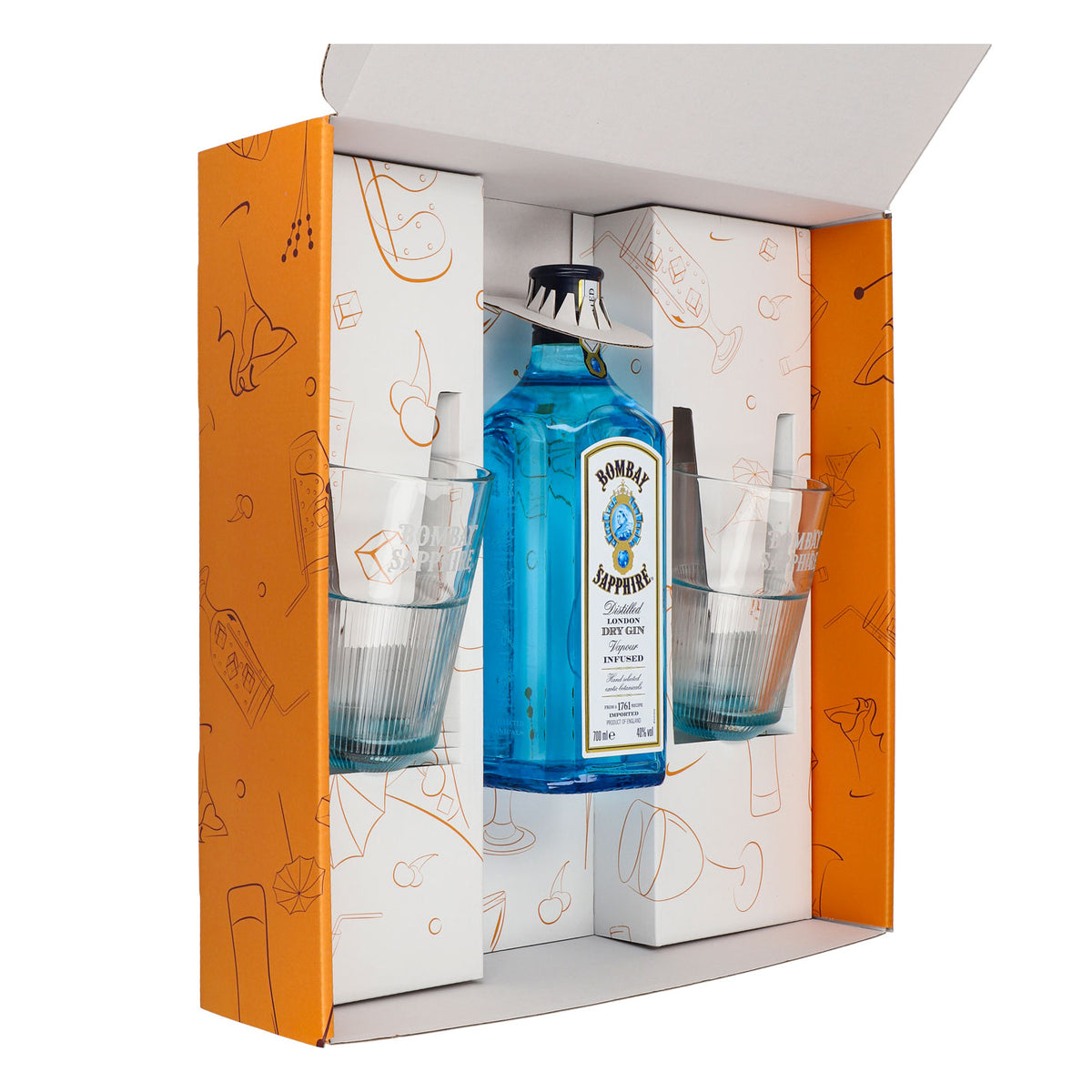 Bombay Sapphire Gin Geschenkset 0,7l Flasche 40% Vol. + 2 Longdrinkglas Relief l Orange – Ansicht 4