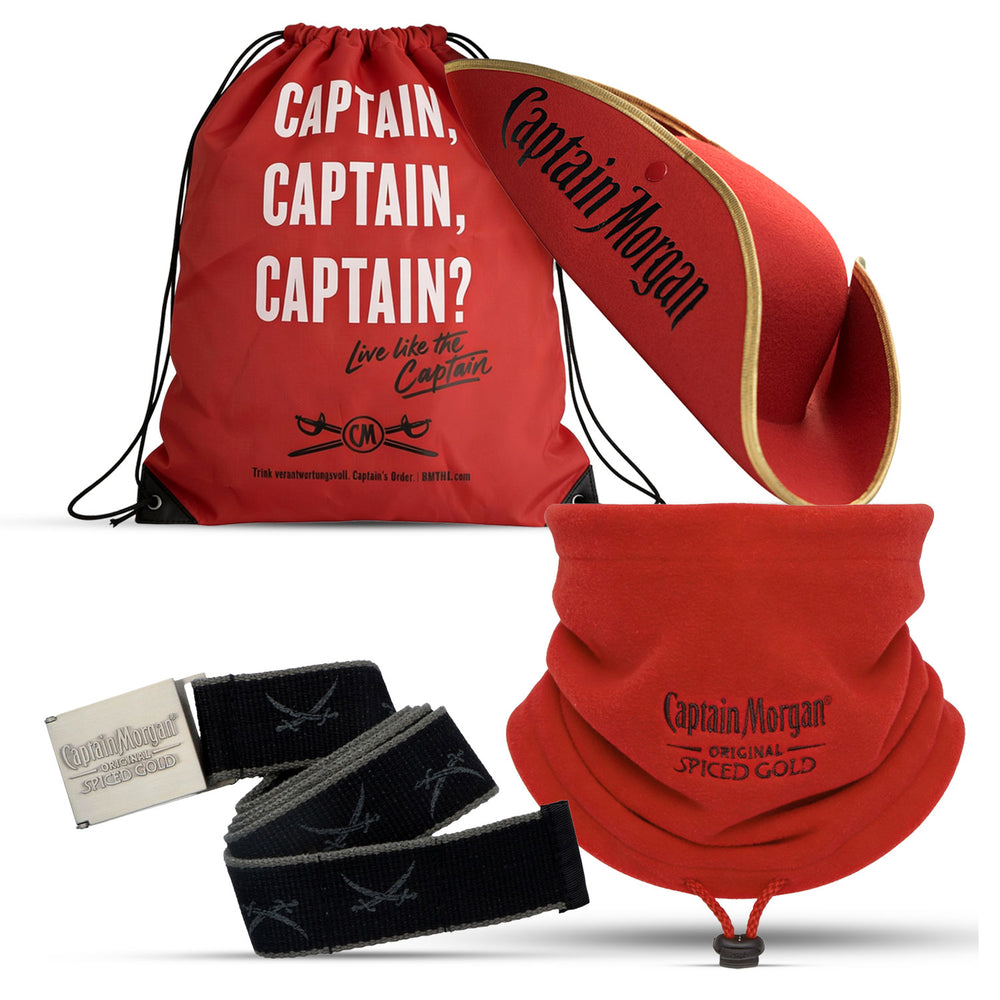 Captain Morgan Bar Bundle Set III aus Schal Gürtel Jutebeutel Partyhut