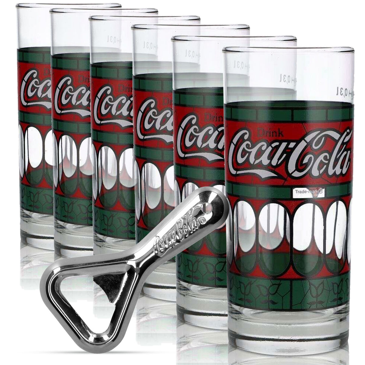 Coca Cola Bar Bundle Set I aus 6x Tiffany Gläser und einen Retro Flaschenöffner