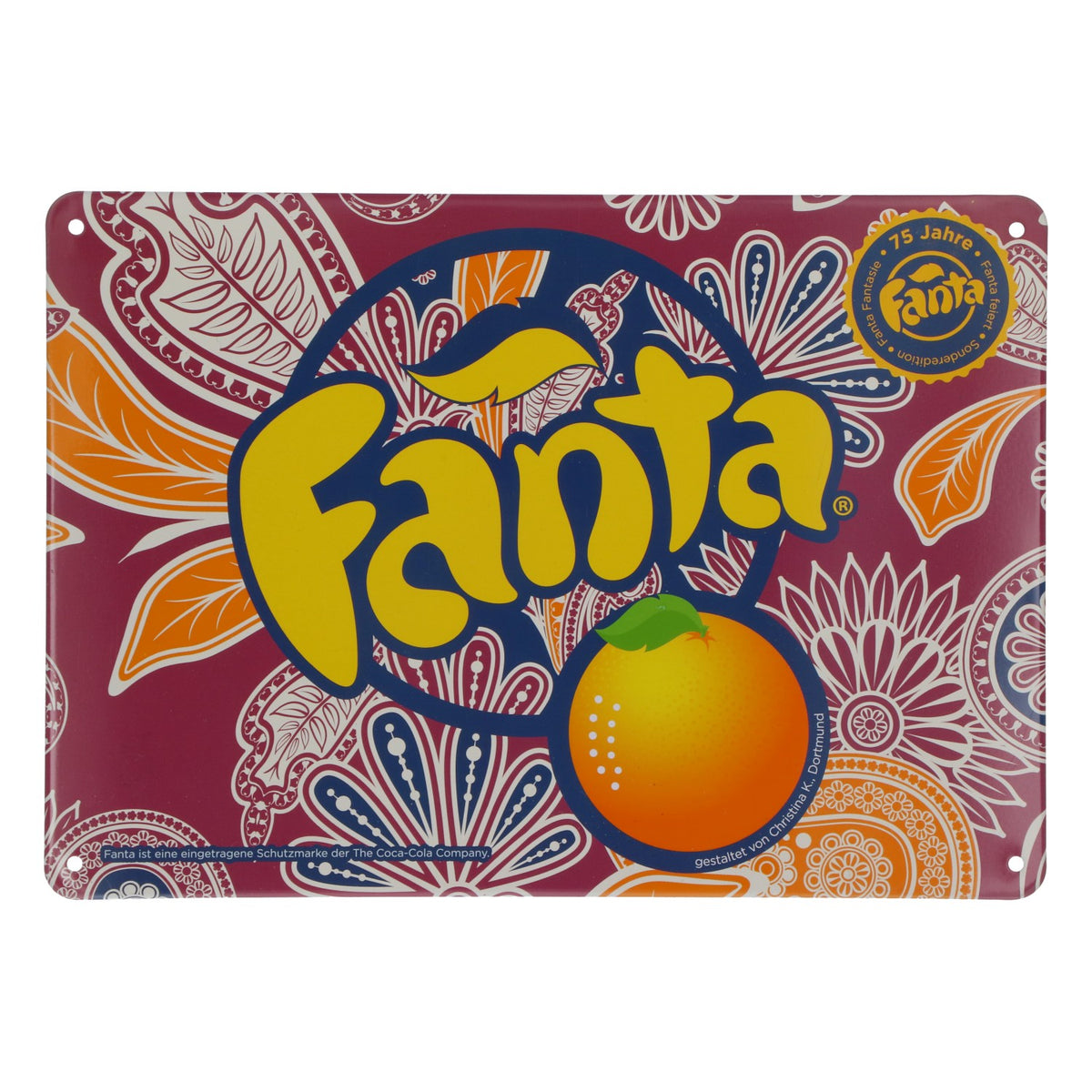 Coca Cola Softdrink Blechschild Wanddekoration Fanta lila 75 Jahre 21x15cm