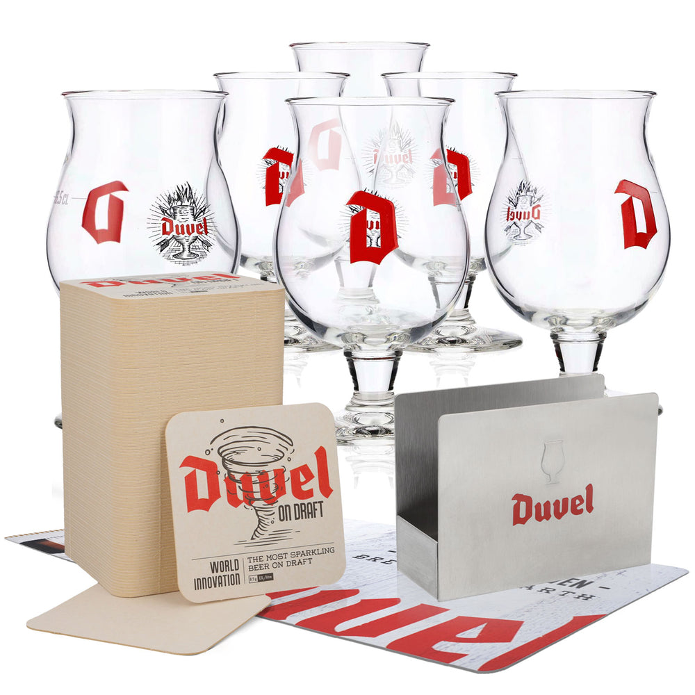 Duvel Bier Bar Bundle Set II aus 6x Biergläser 0,16l 100x Bierdeckel m. Halter