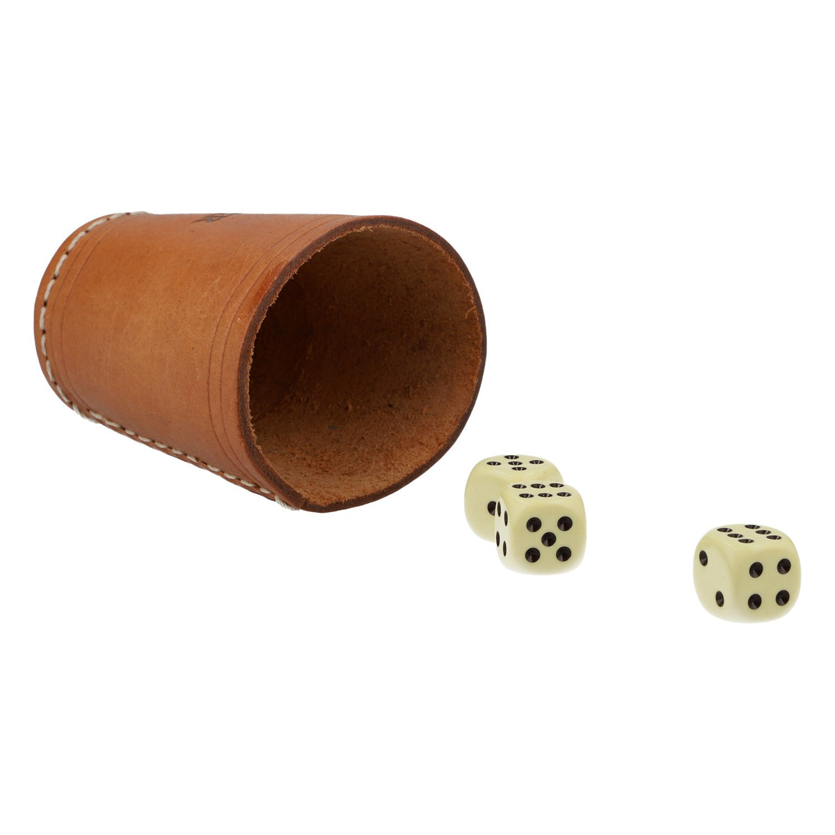 Fälinger Korn Würfelbecher Leder 3 Würfel braun Logo 6,5cm Würfelspiel – Ansicht 3