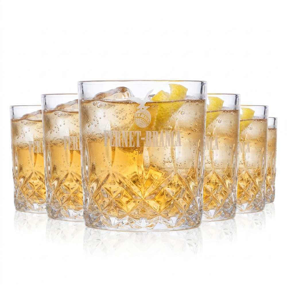 Fernet Branca Gläser 6er Set – Tumbler Becher 0,24l mit Kristall-Relief für Fernet Tonic, Digestif & Cocktails