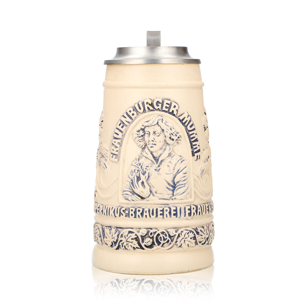 Frauenburger Mumme Bier Glas Tonkrug 0,74l mit Zinndeckel Ton Copernikus Relief