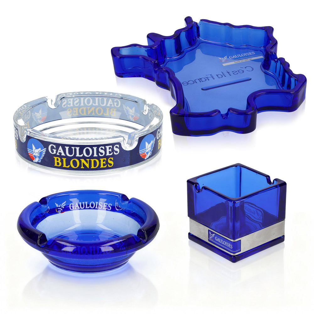 Gauloises Smoker Bundle Set aus 3x Aschenbecher blaue Serie 1x transparent