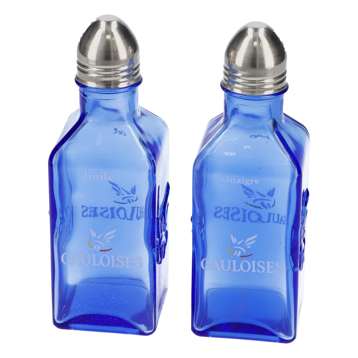 Gauloises Zigaretten Glas Öl- und Essigflasche Set Menagenset blau – Ansicht 2