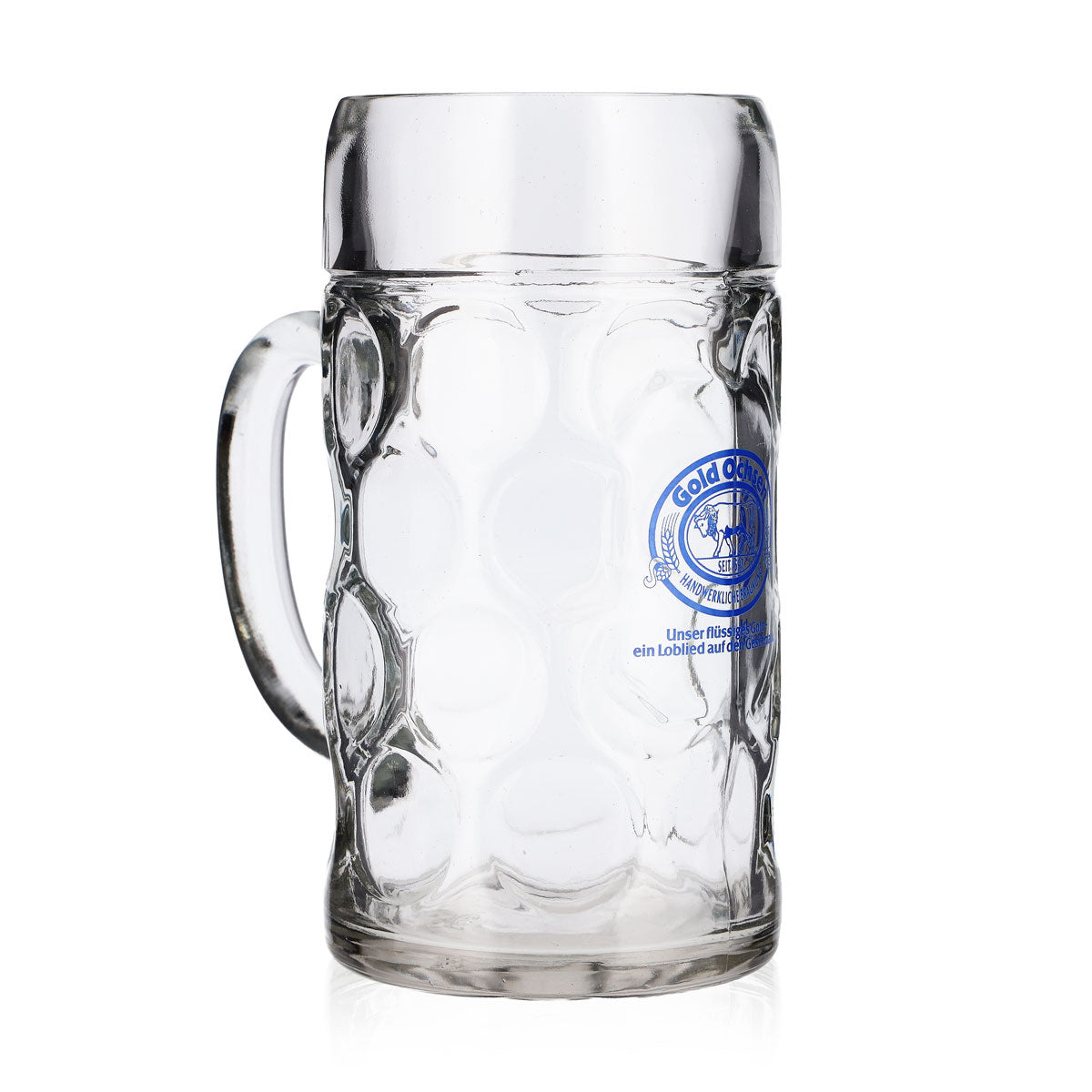 Gold Ochsen Bier Glas 1l Krug Blaues Logo – Ansicht 2