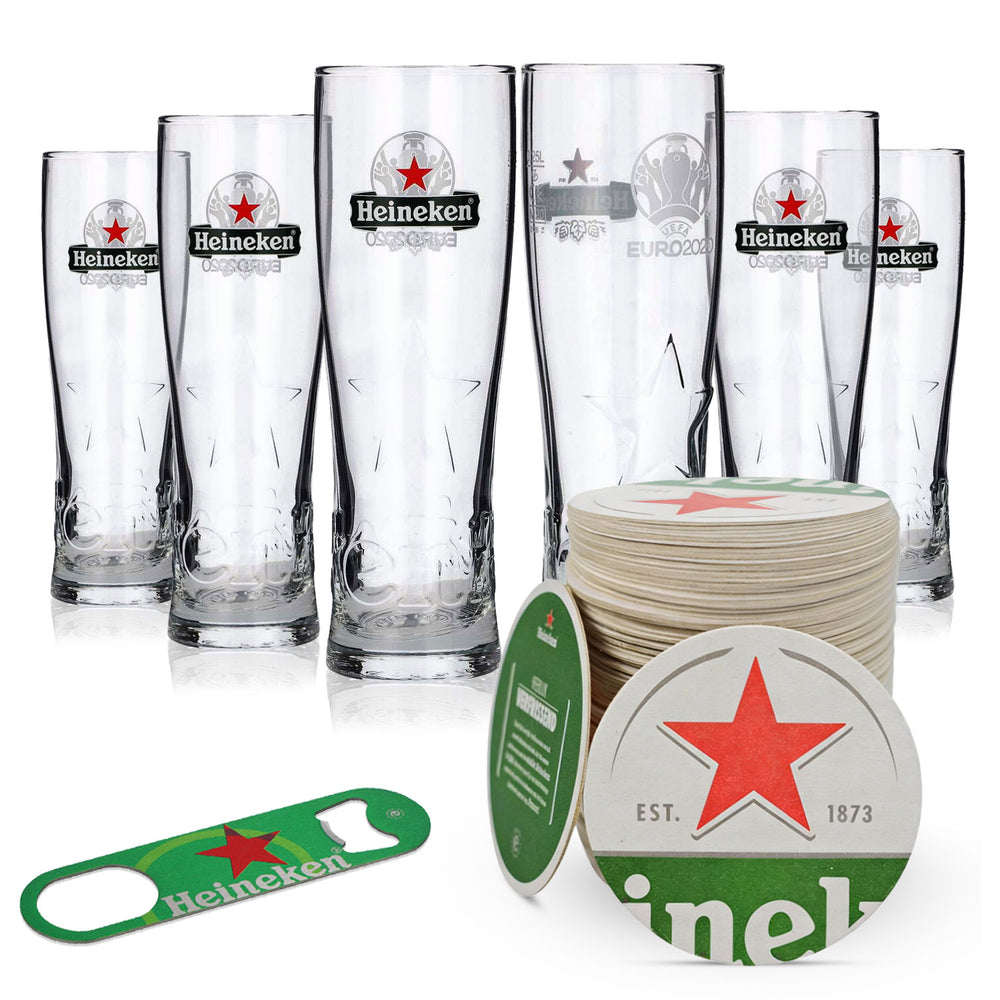 Heineken Bier Bar Bundle Set I aus 6x Biergläser 0,25l 100 Bierdeckel Öffner