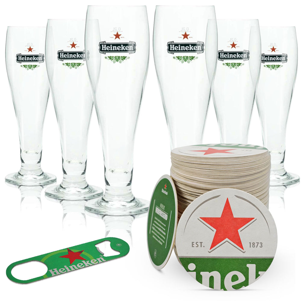 Heineken Bier Bar Bundle Set I aus 6x Biergläser 0,2l 100 Bierdeckel Öffner