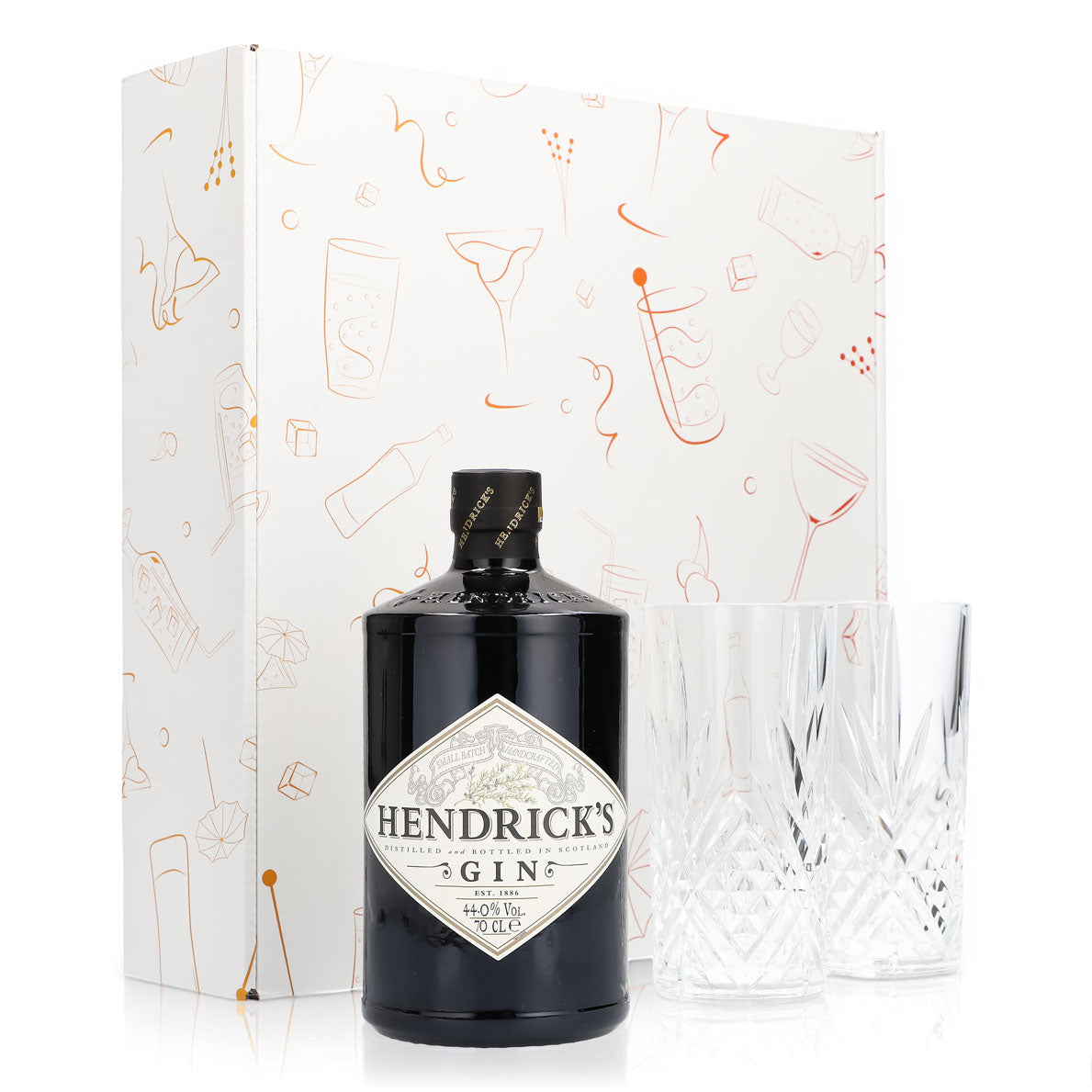 Hendricks Gin Geschenkset 0,7l Flasche 44,0 % Vol. + Longdrinkgläser Relief–Weiß