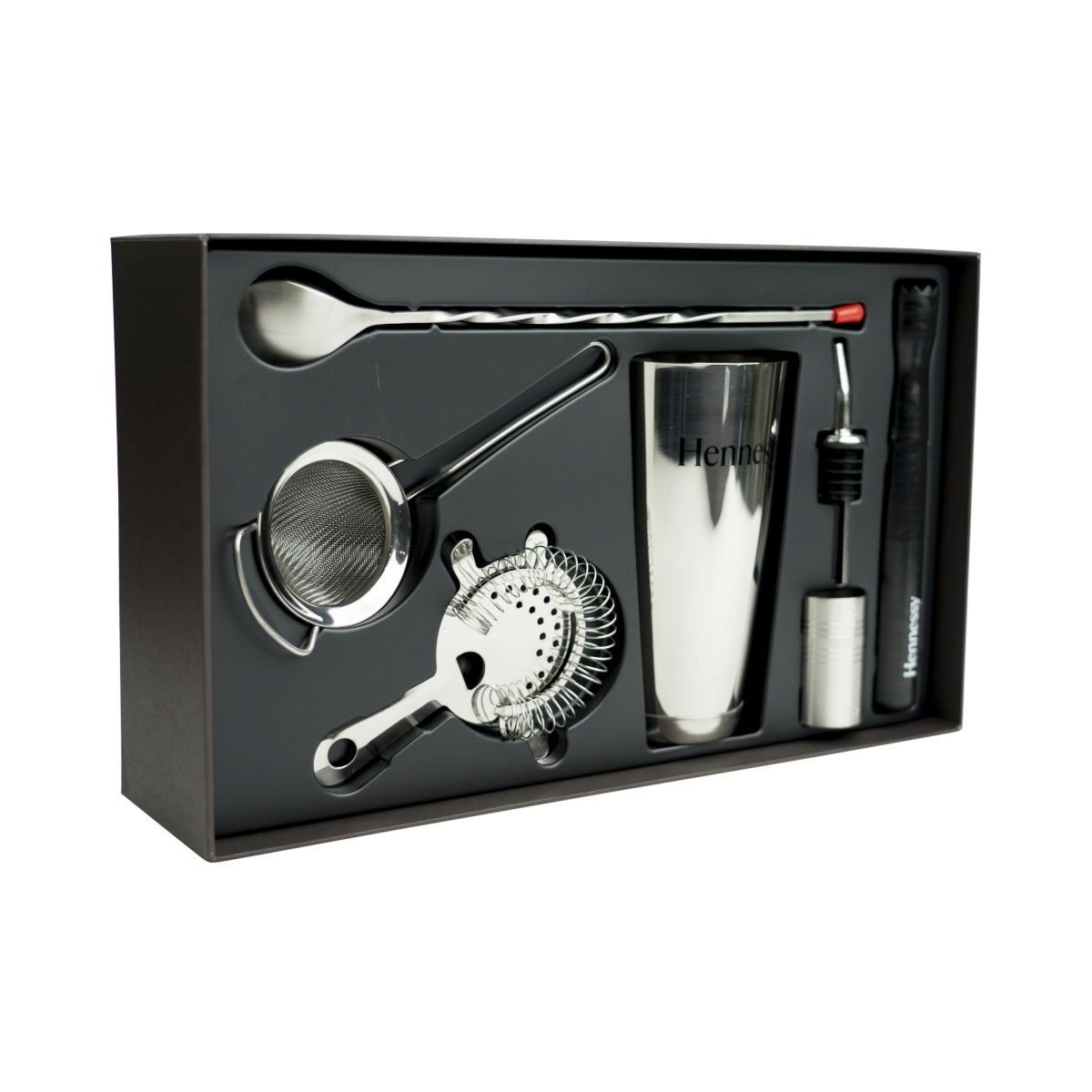 Hennessy Cognac Cocktail Mix Set Shaker Löffel Sieb Edelstahl Ausgießer Stößel