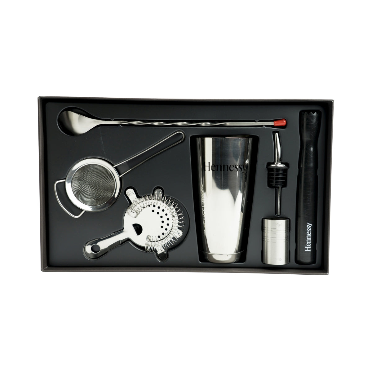 Hennessy Cognac Cocktail Mix Set Shaker Löffel Sieb Edelstahl Ausgießer Stößel – Ansicht 3