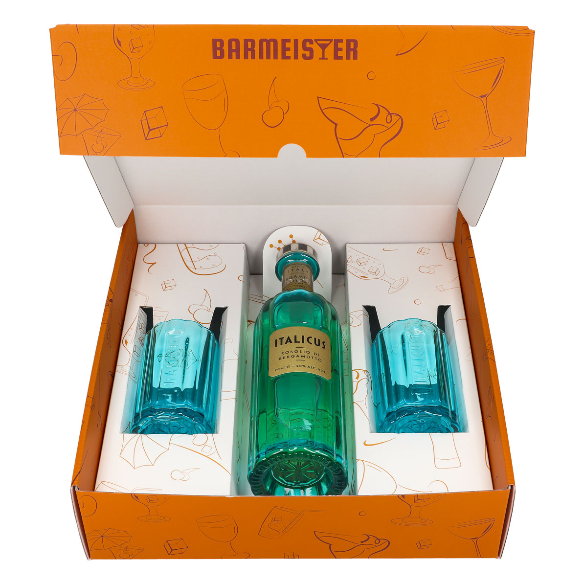 Italicus Spritz Geschenkset 0,7l Flasche 20,0 % Vol. + Longdrinkgläser Blau–Orange – Ansicht 3