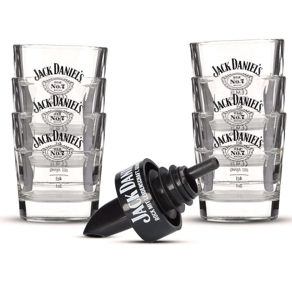 Jack Daniels Bar Bundle Set I aus 6x Glas Tumbler und einen Flaschenausgießer