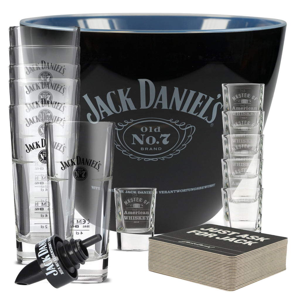 Jack Daniels Bar Bundle Set II aus 6 Longdrinkglas 6 Shotglas Ausgießer Kühler