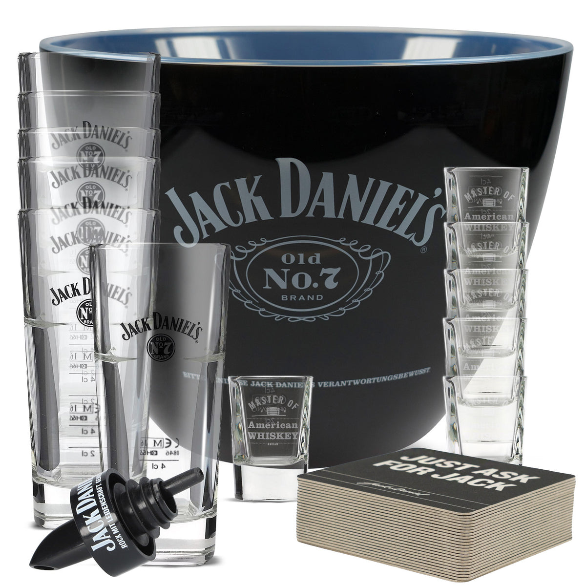 Jack Daniels Bar Bundle Set II aus 6 Longdrinkglas 6 Shotglas Ausgießer Kühler