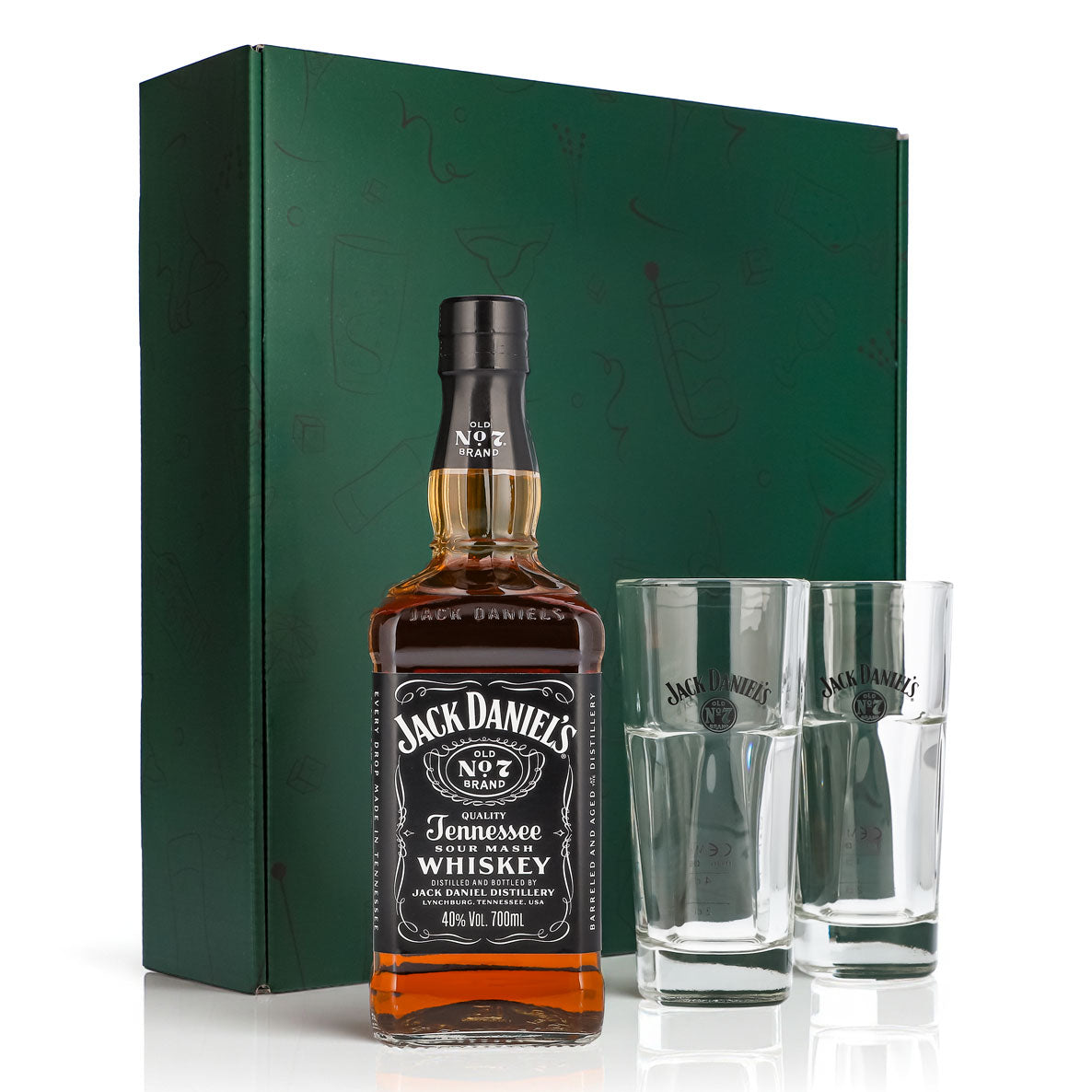 Jack Daniels Geschenkset 0,7l Flasche 40,0 % Vol. + Longdrinkgläser stapelbar–Grün