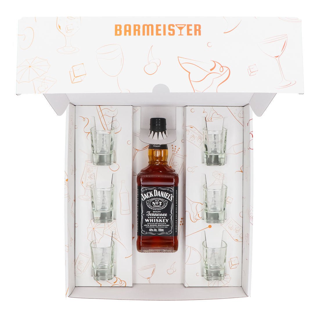 Jack Daniels Geschenkset 0,7l Flasche 40,0 % Vol. + Shotgläser MOAW–Weiß – Ansicht 5