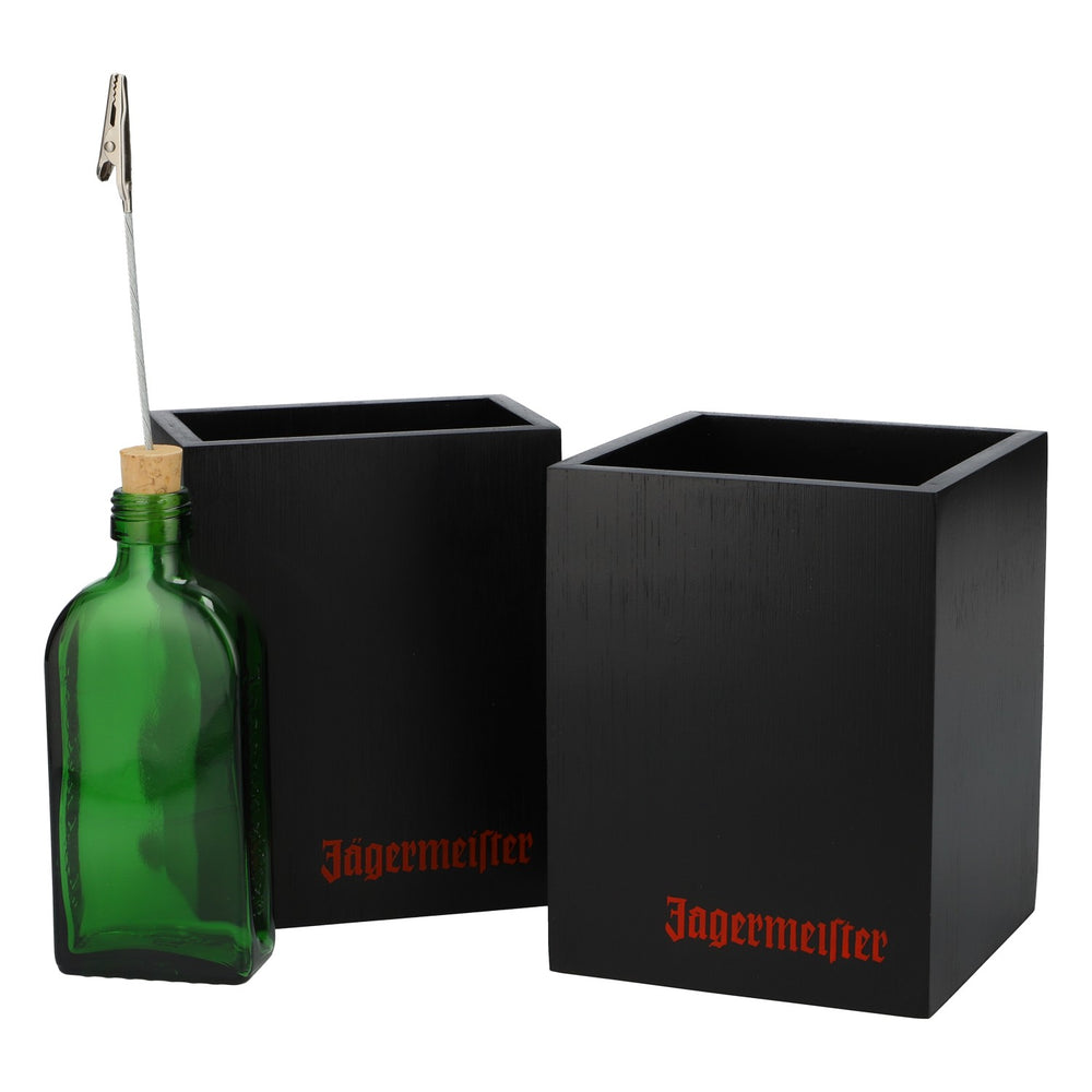 Jägermeister Aufsteller Tischbaukasten 2 Holzboxen 6 Flaschen Klammern Korken