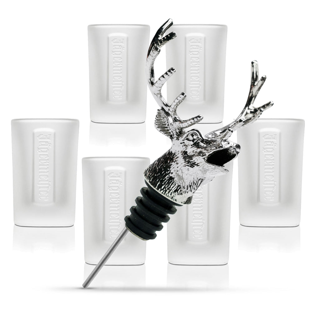 Jägermeister Bar Bundle Set I aus 6x Shotgläser 2cl Ausgießer Hirschkopf Metall