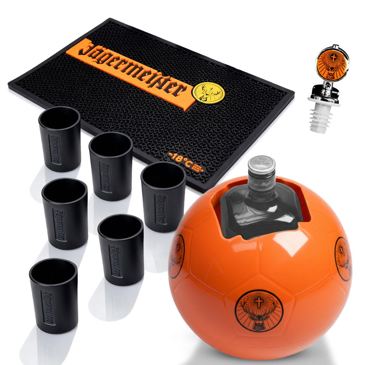 Jägermeister Bar Bundle Set II aus 6x Shotgläser 2cl Ausgießer Kühler Barmatte