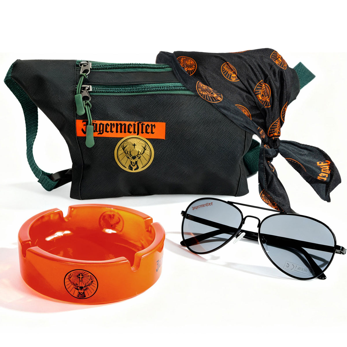Jägermeister Freizeit Bundle Set II aus Aschenbecher Bauchtasche Brille Bandana