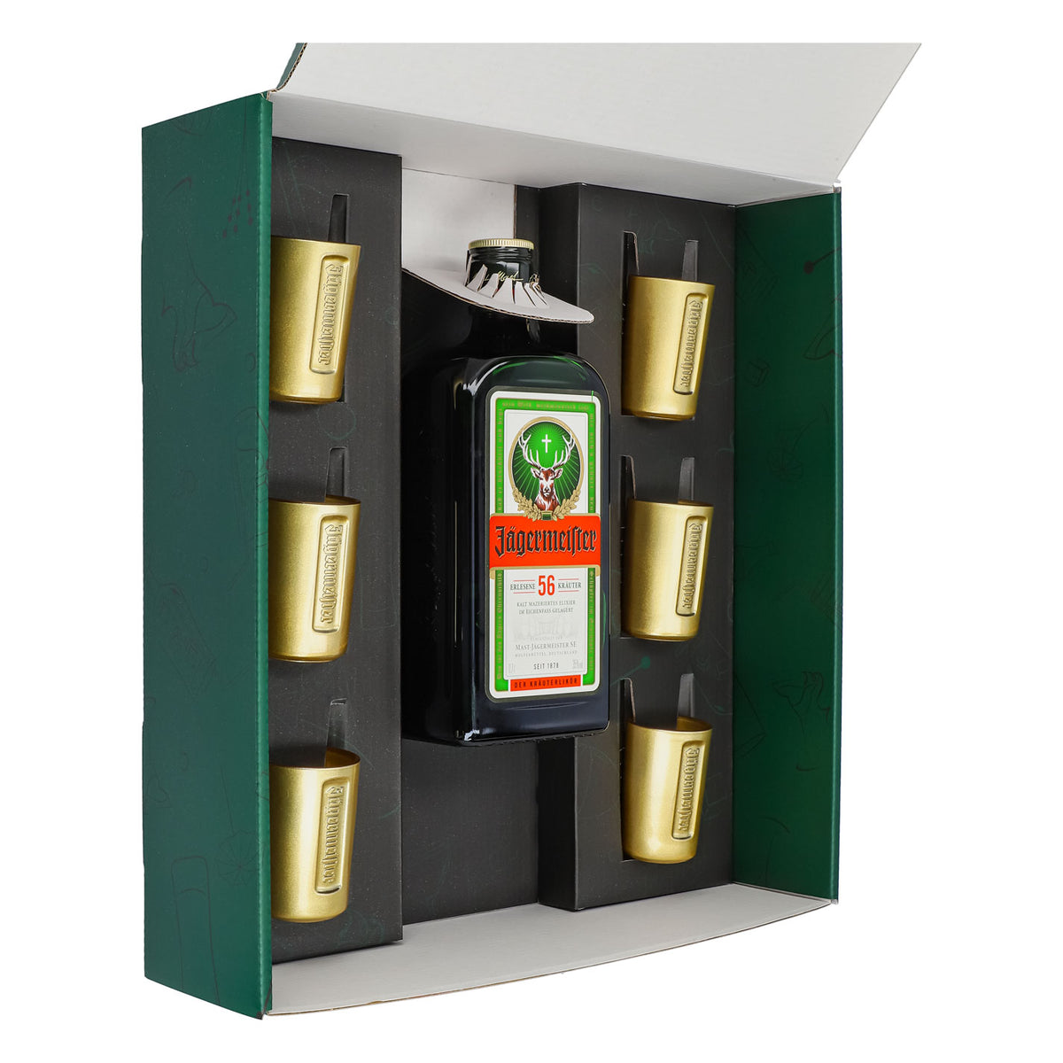 Jägermeister Geschenkset 0,7l Flasche 35,0 % Vol. + Shotgläser Gold–Grün – Ansicht 4