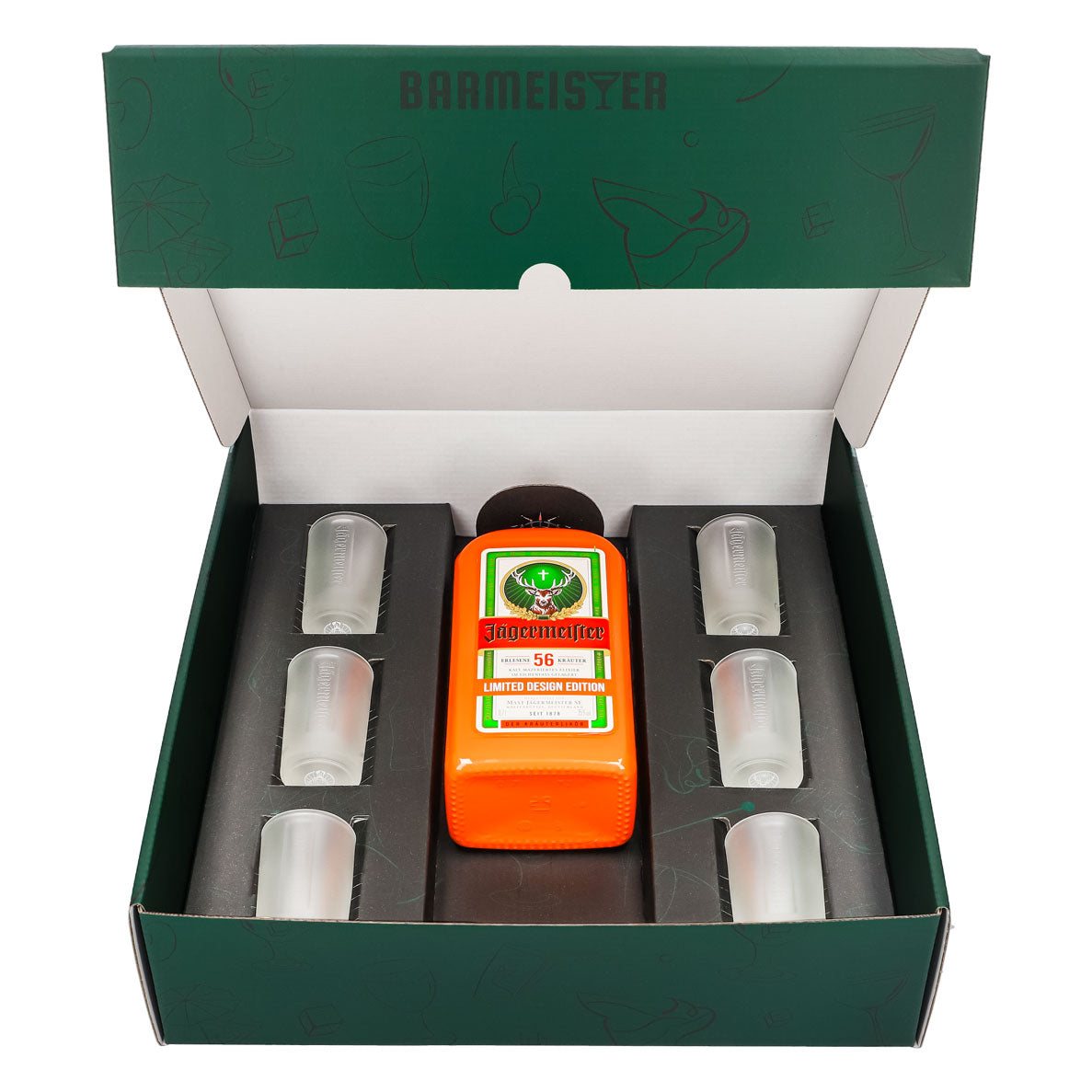 Jägermeister Geschenkset 0,7l Flasche Culture Orange 35,0 % Vol. + Shotgläser Weiß–Grün – Ansicht 2