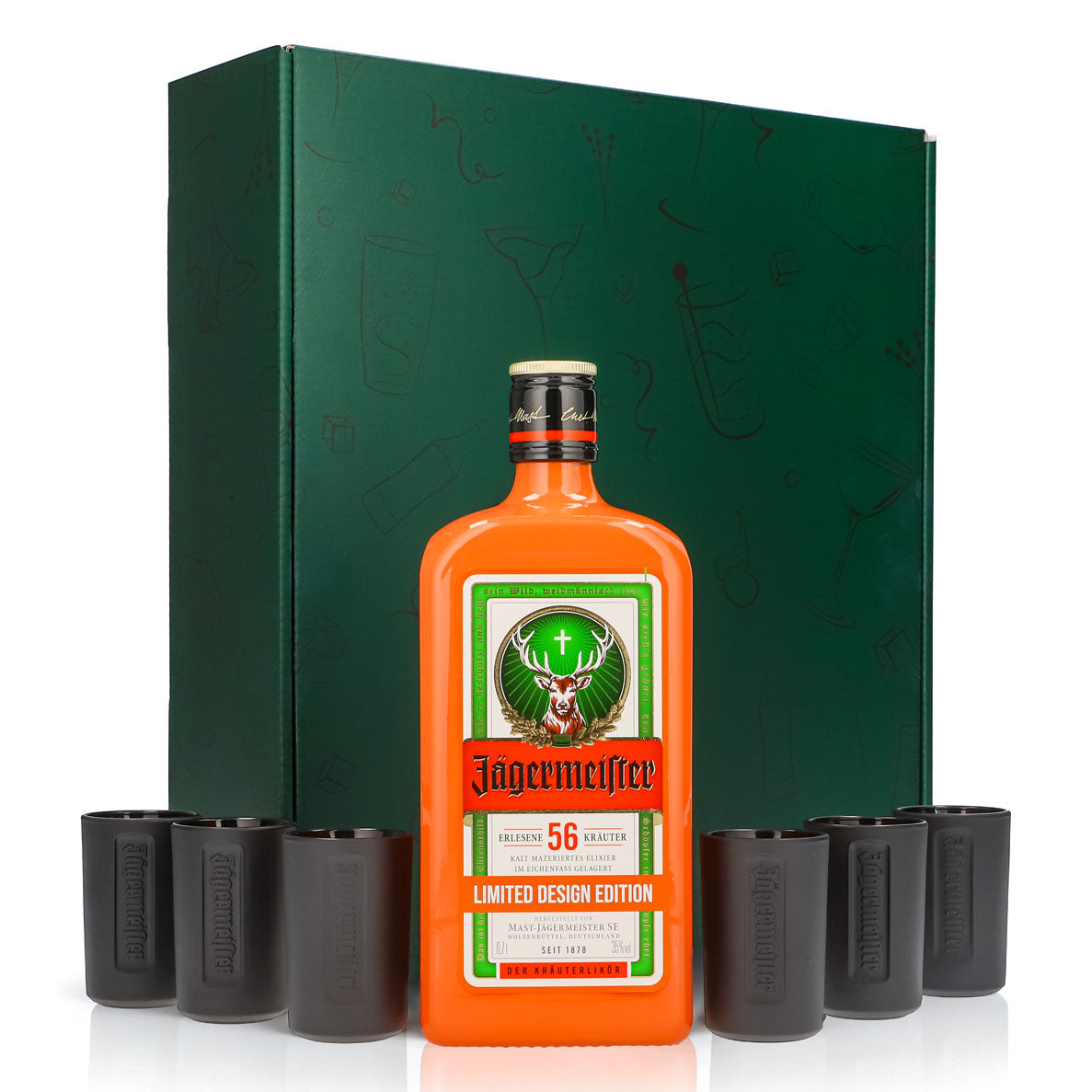Jägermeister Geschenkset 0,7l Flasche Culture Orange 35,0 % Vol. + Shotgläser Schwarz–Grün