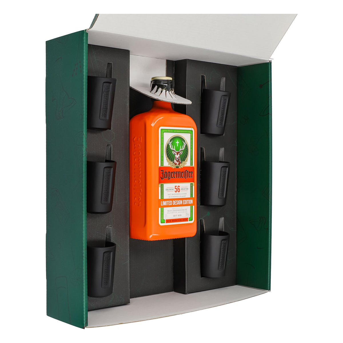 Jägermeister Geschenkset 0,7l Flasche Culture Orange 35,0 % Vol. + Shotgläser Schwarz–Grün – Ansicht 4