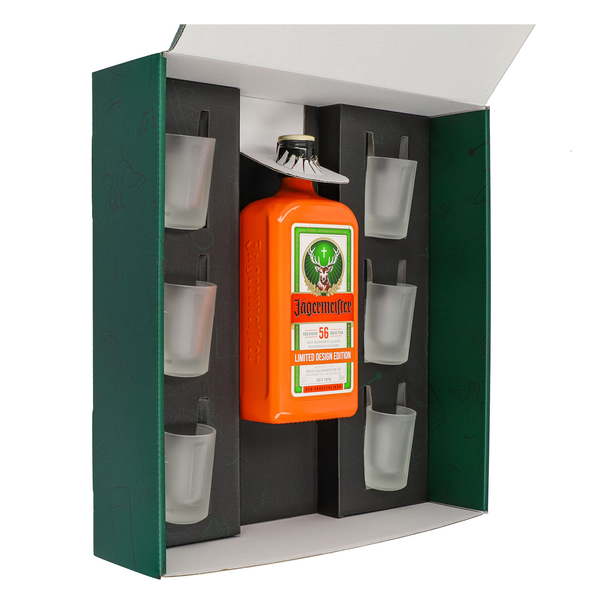 Jägermeister Geschenkset 0,7l Flasche Culture Orange 35,0 % Vol. + Shotgläser Weiß–Grün – Ansicht 4