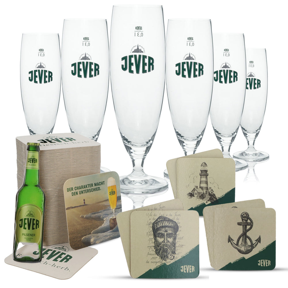 Jever Bier Bar Bundle Set aus Pokalgläsern Flaschenöffnerset und Bierdeckeln
