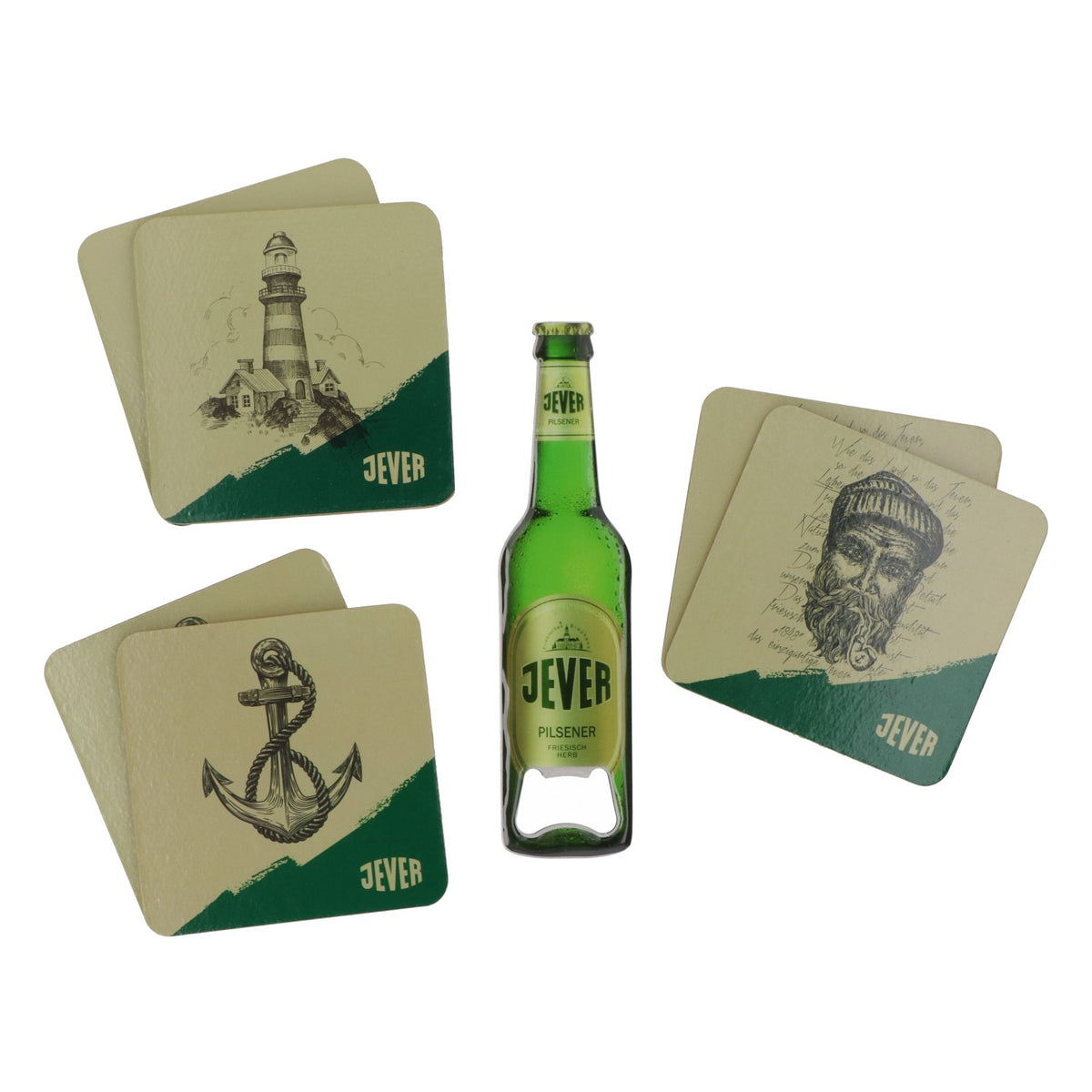 Jever Pilsener Bier Magnetisches Flaschenöffnerset mit 6 Kork Untersetzern – Ansicht 2