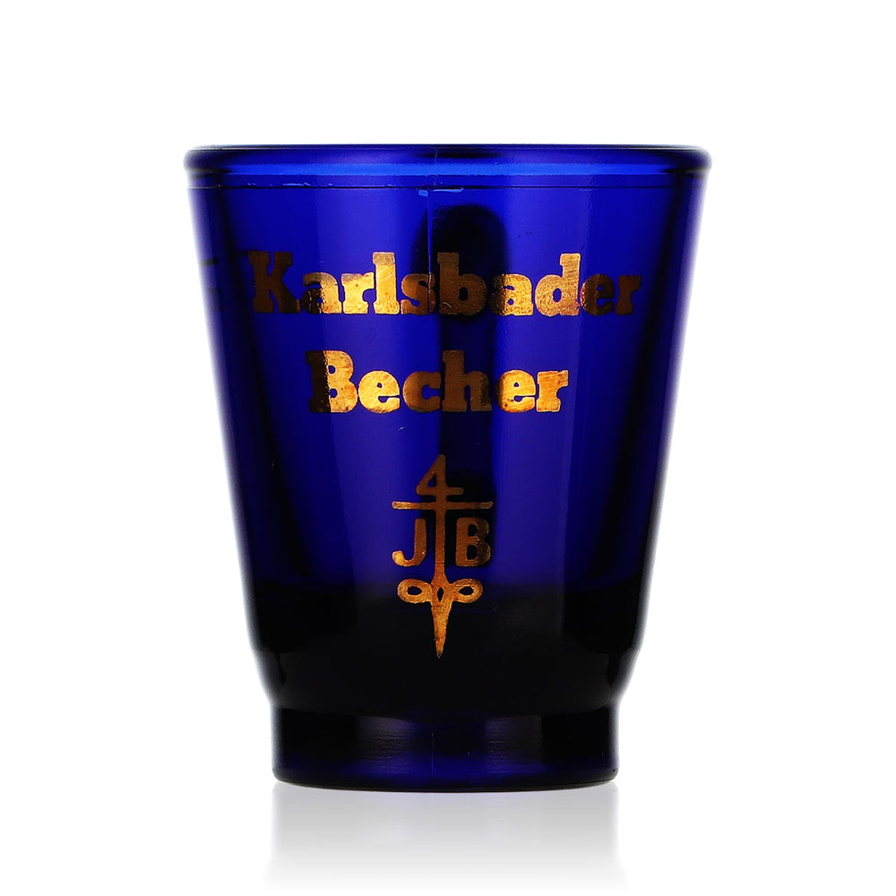 Karlsbader Schnaps Glas Shotglas Kurzer Stamper 2cl blau goldenes Logo
