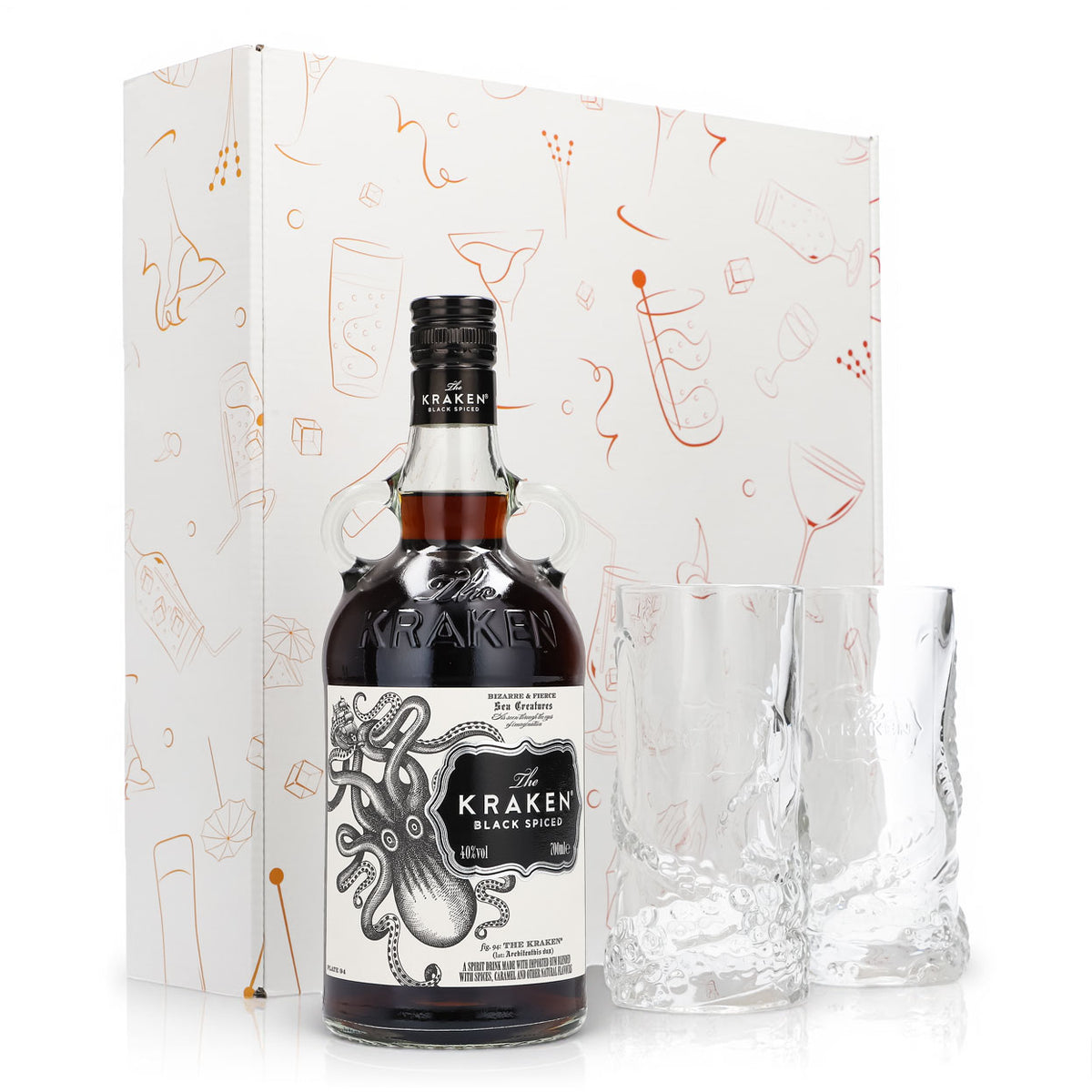 Kraken Rum Geschenkset 0,7l Flasche 40,0 % Vol. + Longdrinkgläser Relief–Weiß