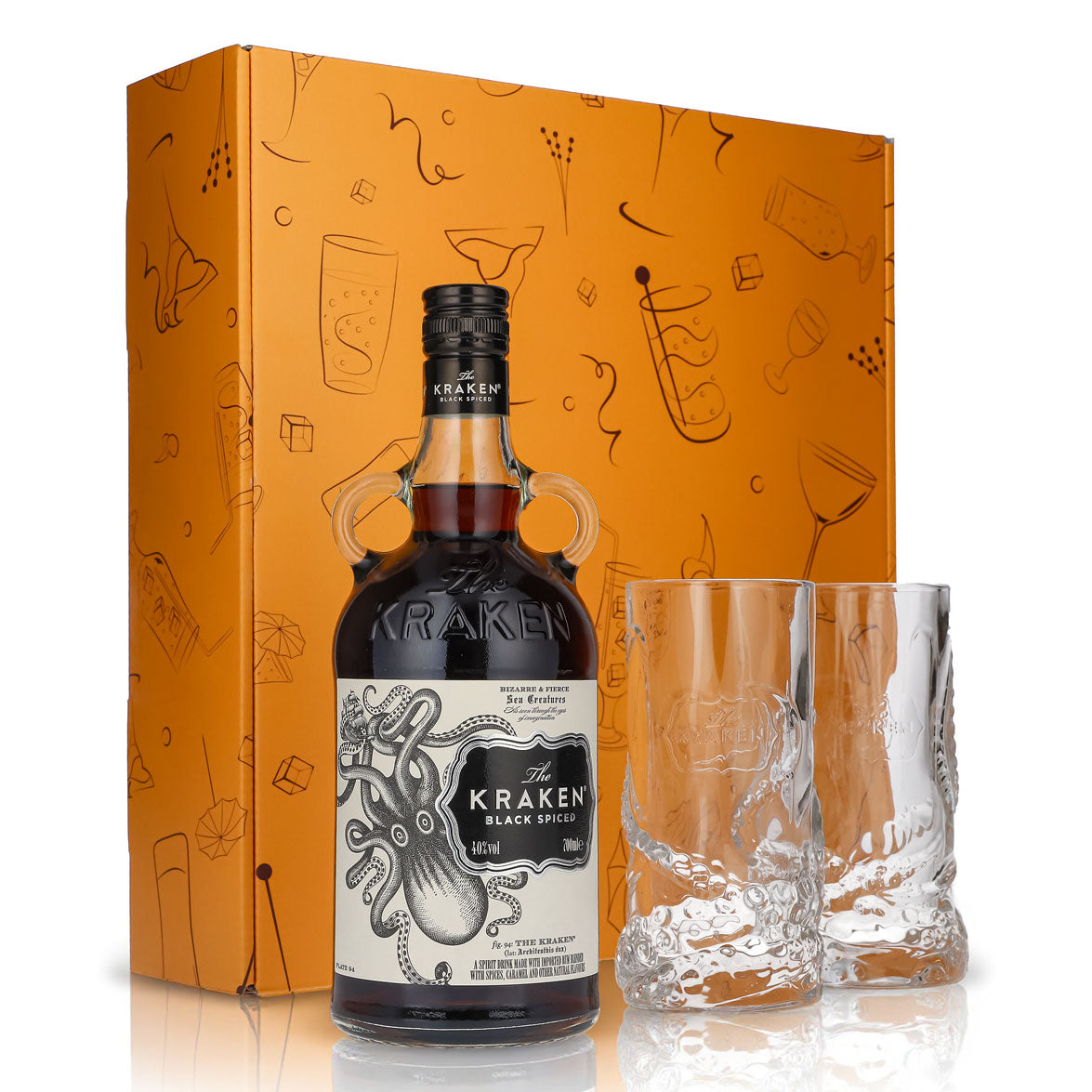Kraken Rum Geschenkset 0,7l Flasche 40,0 % Vol. + Longdrinkgläser Relief–Orange