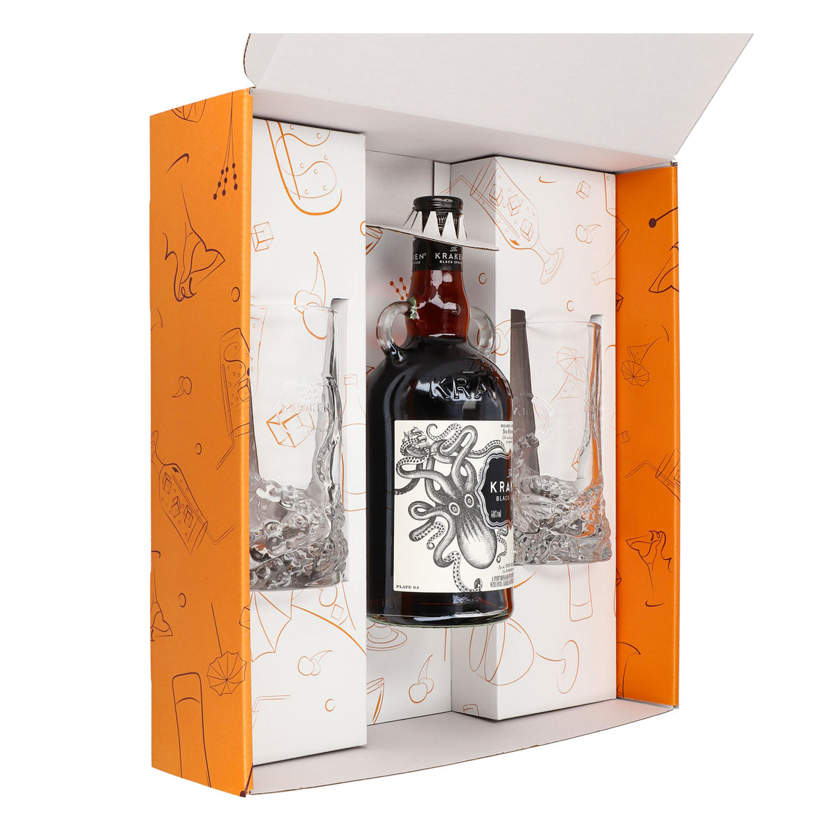 Kraken Rum Geschenkset 0,7l Flasche 40,0 % Vol. + Longdrinkgläser Relief–Orange – Ansicht 2